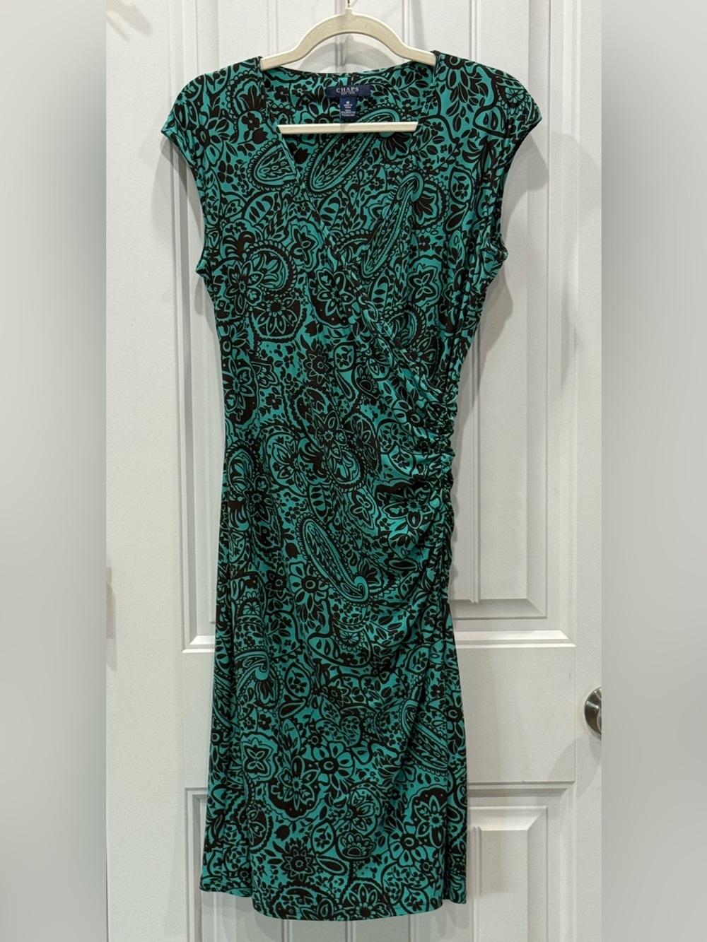 Chaps Women’s Size Medium Teal Brown Paisley Faux Wrap Ruched Midi Dress EUC